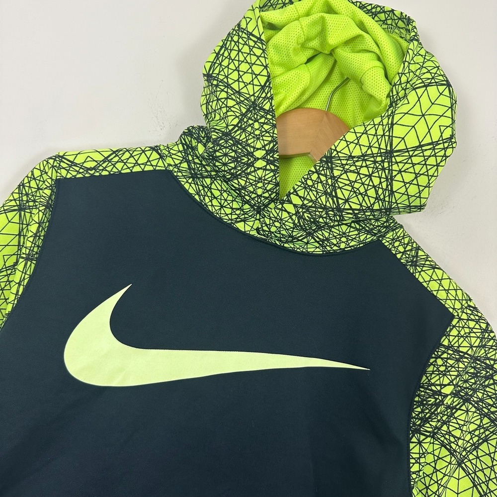 Nike Dri Fit Hoodie Black Neon Yellow Graphic Geometric Pullover Swoosh Kids L